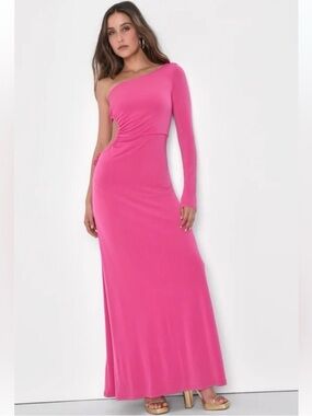 Lulus Sweet Flirt Barbie Pink Long Sleeve One Shoulder Cutout Maxi Dress Sz M